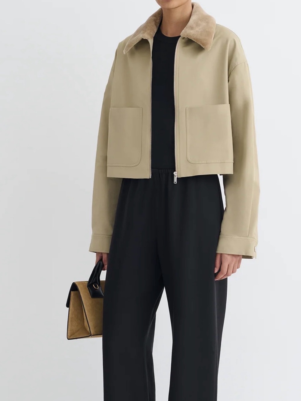 PHEBE Pebbled/Beige Twill Faux Fur Jacket zip up